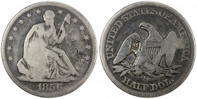 CHOPMARKED COINS: UNITED STATES: AR 50 cents, 1856-S, KM-A68, Seated Liberty type, with Chinese characters stamped on both sides, rare host and a scar...