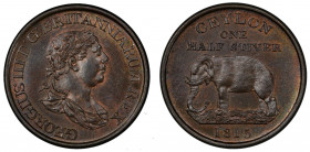 CEYLON: George III, 1760-1820, AE ½ stiver, 1815, KM-80, elephant left, lovely chocolate-brown original mint luster! PCGS graded MS65 BN.
Estimate: U...