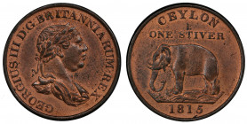 CEYLON: George III, 1760-1820, AE stiver, 1815, KM-81, elephant left, much original red mint luster! PCGS graded MS63 RB.
Estimate: USD 200 - 300