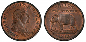 CEYLON: George III, 1760-1820, AE 2 stiver, 1815, KM-82.1, elephant left, much original red mint luster! PCGS graded MS63 BN.
Estimate: USD 200 - 300