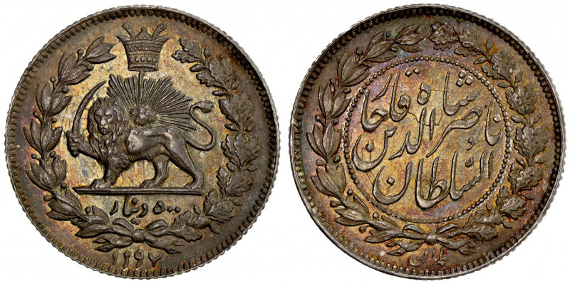 IRAN: Nasir al-Din Shah, 1848-1896, AR 500 dinars, Tehran, AH1297, KM-894.1, sup...