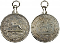 IRAN: Nasir al-Din Shah, 1848-1896, AR award medal (17.06g), AH1300, KM-MV21, 36 mm; general award medal for services to the country, with the Shah's ...