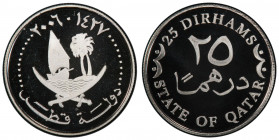 QATAR: Hamad b. Khalifa al-Thani, 1995-2013, AR 25 dirhams, 2006/AH1427, KM-14a, off-metal strike in silver, struck at the Austrian State Mint, PCGS g...
