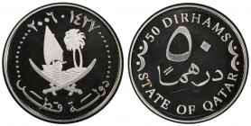 QATAR: Hamad b. Khalifa al-Thani, 1995-2013, AR 50 dirhams, 2006/AH1427, KM-15a, off-metal strike in silver, struck at the Austrian State Mint, PCGS g...