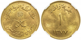 SAUDI ARABIA: Sa'ud Bin Abd Al-Aziz, 1953-1964, AV guinea, AH1377, KM-43, Fr-2, NGC graded MS62.
Estimate: USD 425 - 500