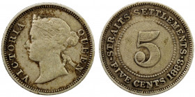 STRAITS SETTLEMENTS: Victoria, 1867-1901, AR 5 cents, 1883, KM-10, much better date, Fine.
Estimate: USD 150 - 250