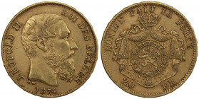 BELGIUM: Leopold II, 1865-1909, AV 20 francs, 1874, KM-37, VF.
Estimate: USD 350 - 400