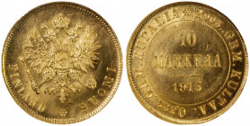 FINLAND: Nicholas II, 1894-1917, AV 10 markkaa, 1913, KM-8.2, Fr-6, 0.0933 oz AGW, initial S, NGC graded MS64.
Estimate: USD 170 - 220