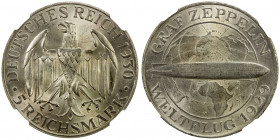 GERMANY: Weimar Republic, AR 5 reichsmark, 1930-F, KM-68, Graf Zeppelin Flight, NGC graded MS63.
Estimate: USD 200 - 250