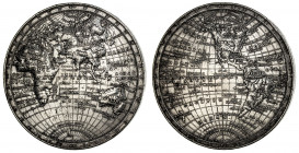 GREAT BRITAIN: medal (110.1g), ND (ca. 1820), Eimer-1139a, 74mm white metal medal of a Map of the World by T. Halliday, detailed map of the Eastern He...