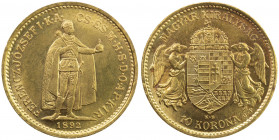 HUNGARY: Franz Joseph I, 1848-1916, AV 20 korona, 1892, KM-486, Unc.
Estimate: USD 375 - 450