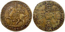 IRELAND: James II, 1685-1688, crown (15.21g), 1690, KM-103.1, Timmins-TB60Y-1A, overstruck on large size ½ crown (KM-95), with some of undertype showi...