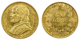PAPAL STATES: Pius IX, 1846-1878, AV 20 lire, 1868-R, KM-1382.3, a few light scratches, VF-EF.
Estimate: USD 350 - 400