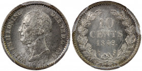 NETHERLANDS: Willem III, 1849-1890, AR 10 cents, 1849, KM-80, with dot variety, an amazing quality example! PCGS graded MS67.
Estimate: USD 200 - 250