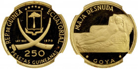 EQUATORIAL GUINEA: 250 pesetas guineanas, 1970, KM-20.1, Goya's Naked Maja, NGC graded PF67 UC.
Estimate: USD 190 - 220