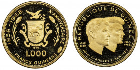 GUINEA: AV 1000 francs, 1970, KM-17, commemorating the 10th Anniversary of Independence in 1968, heads of John and Robert Kennedy on the obverse, in t...
