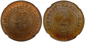 SOUTH AFRICA: Zuid Afrikaansche Republiek, AE 2 pence, 1874, KM-Pn3, Transvaal pattern, struck at Brussels Mint, estimated mintage of 50, top grade, o...
