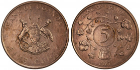 UGANDA: Republic, 5 cents, 1987, N-178813, copper-clad steel unissued type, surface hairlines, RRR. In 1986, the British Royal Mint received orders to...