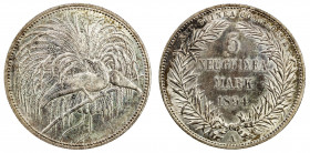 GERMAN NEW GUINEA: Wilhelm II, 1888-1918, AR 5 mark, 1894-A, KM-7, resplendent bird of paradise, attractive toning, choice EF.
Estimate: USD 400 - 55...