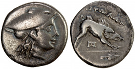 AETOLIA: Aetolian League, AR hemidrachm (2.24g), 211-195 BC, SNG Copenhagen 14, BCD-473, head of Aetolia right, wearing kausia // Kalydonian boar adva...