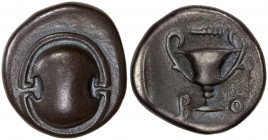 BOEOTIA: Federal Coinage, AR hemidrachm (2.53g), ca. 395-340 BC, HGC-4/1165, BCD Boiotia 28, Boeotian shield // kantharos, club above, B-O, glossy sur...