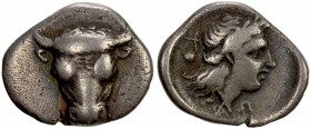 PHOCIS: Federal Coinage, AR hemidrachm (2.53g), ca. 354-346 BC, SNG Copenhagen 121, head of bull facing // head of Artemis right, lyre behind, Fine to...