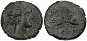 SICILY: Syracuse, Agathocles, 317-289 BC, AE litra (9.19g), ca. 304-289 BC, HGC-2/1537, CNS-142, draped bust of Artemis Soteira right, with quiver ove...