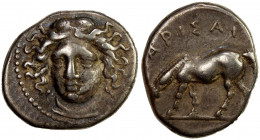 THESSALY: Larissa, AR drachm (5.75g), ca. 400-370 BC, HGC-4/432, BCD Thessaly 218, head of the nymph Larissa facing slightly left // Horse grazing lef...