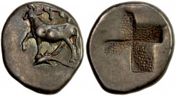 THRACE: Byzantion, AR ½ siglos (2.48g), ca. 340-320 BC, HGC-3/1390, SNG Copenhagen 478-9, bull standing left on dolphin left, ΠY above // quadripartit...