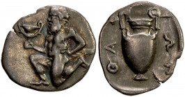 THRACE: Thasos, AR trihemiobol (0.84g), ca. 412-404 BC, HGC-6/351, Le Rider-27 (Thasiennes), satyr kneeling left, holding kylix // amphora within incu...