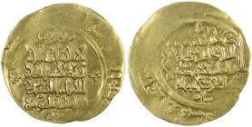 GREAT SELJUQ: Sanjar, 1118-1157, pale AV dinar (2.84g), MM, AH511, A-1687, citing the caliph al-Mustarshid, thus obverse muled with obsolete reverse, ...