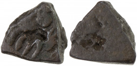 KAUSAMBI: Anonymous, 2nd century BC, AE triangular unit (1.00g), Pieper-945 (this piece), bull to right, large sun symbol above // small damaru symbol...