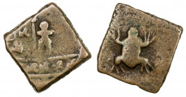 SAURASHTRA: Anonymous, 1st century BC, AE square unit (4.01g), Pieper-434 (this piece), crude human figure holding taurine standard, 6-armed symbol on...