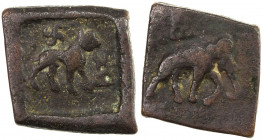 TAXILA: Anonymous, 2nd century BC, AE square guild unit (7.00g), Pieper-1078 (this piece), lion right, with hill & swastika // elephant right, hill ab...
