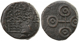 UJJAIN: Anonymous, 2nd/1st century BC, AE round unit (4.97g), Pieper-380 (this piece), railed tree, fish-tank, Ujjain symbol, river with fish and Indr...