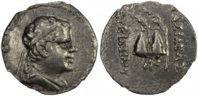 INDO-GREEK: Eukratides, ca. 170-145 BC, AR obol (0.59g), Bop-3D, king's diademed bust right // the bonnets of the Dioscuri, corrupt legend, contempora...