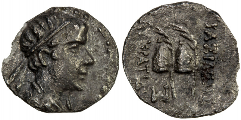 INDO-GREEK: Eukratides, ca. 170-145 BC, AR obol (0.58g), Bop-3F, king's diademed...