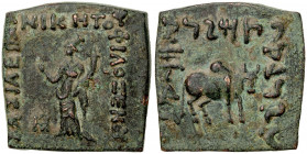 INDO-GREEK: Philoxenos, ca. 100-95 BC, AE square unit (7.83g), Bop-10E, standing deity, holding cornucopia and raising right hand in benediction // hu...