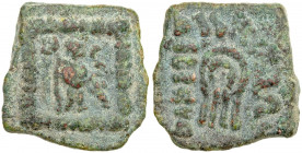 INDO-GREEK: Dionyios, ca. 65-55 BC, AE square hemiobol (4.38g), Bop-4, Apollo standing, within square // fancy diadem, Kharosthi legend around, VF, R....