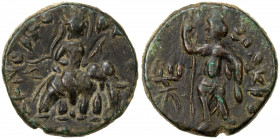 KUSHAN: Huvishka, ca. 155-187, AE unit (10.81g), Donum Burns 340/44, Huvishka on elephant right, holding ankusa (elephant goad) // Siva, standing faci...