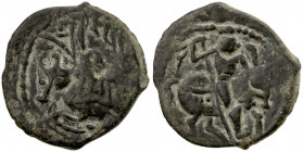 HINDUSHAHI: Spalapati Deva, ca. 8th/9th century, AE jital (2.43g), Tye-8, Zeno-123143, horse rider // bull resting to left, legend shri spalapa(ti dev...