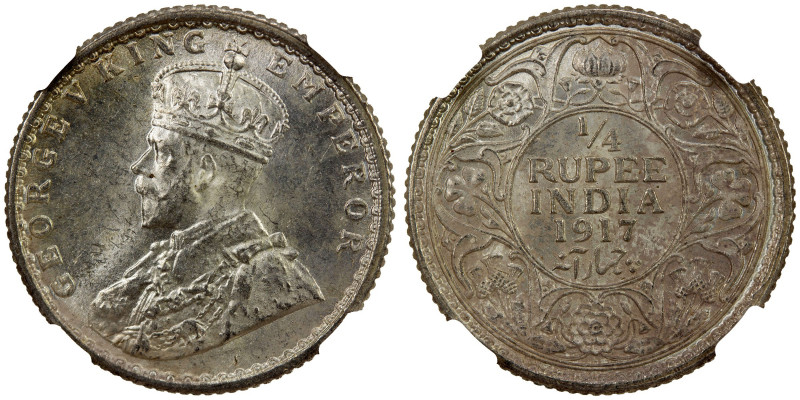 BRITISH INDIA: George V, 1910-1936, AR ¼ rupee, 1917(c), KM-518, a wonderful qua...