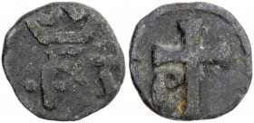 TRANQUEBAR: Frederik III, 1648-1670, lead kas (2.30g), ND, KM-77, Jensen-104, crowned F3 // cross, with lowercase letter "e " lower left of the cross ...