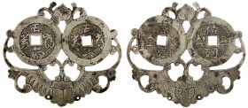 CHINA: AR charm (9.57g), CCH-—, 61mm, openwork silver charm with two coin-like designs at center, auspicious symbols around, VF. Likely cast in the la...