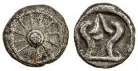 SUDHAMMAPURA: Anonymous, 7th century, AR unit (8.77g), Mahlo-24c, 12-spoke wheel // srivatsa with crescent inside, thick narrow flan, bold VF, R. 
Es...