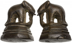 BURMA: bronze opium weight (64.89g), ca. 1900, Opitz p.376-78, Mitch-2847, 35 x 29 x 24mm, cast to a standard of 4 kyat or baht, elephant, VF.
Estima...