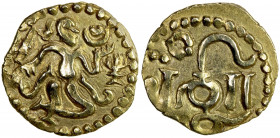 CEYLON: Anonymous, 11th century, AV ¼ kahavanu (1.08g), Mitch-NIS.827, king seated, with double crescent // text, rosette above, bold style, choice EF...