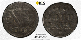 JAVA: British Occupation, 1811-1816, tin duit, 1814, KM-244, Prid-26, scarce two-year type, PCGS graded Fine details (Damage), S. Struck in tin due to...