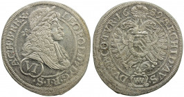AUSTRIA: Leopold I, 1657-1705, AR 6 kreuzer, 1685, KM-1185, initials MM, Vienna Mint issue, struck with roller dies, EF-AU.
Estimate: USD 80 - 110