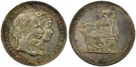 AUSTRIA: Franz Joseph I & Elizabeth, AR medallic 2 florin (24.74g), 1879, KM-M5, Silver Wedding Anniversary, attractive golden toning, choice AU.
Est...